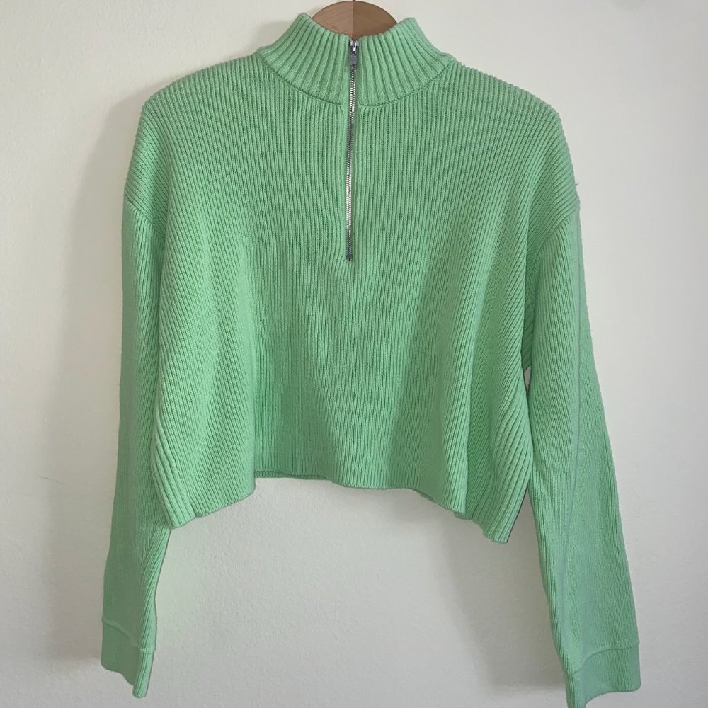 Neon Green Cropped Sweater with quarter zip L